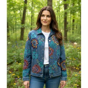 Chicos Design Embroidered Denim Jacket Size Medium 1 Boho Floral Artsy Blue